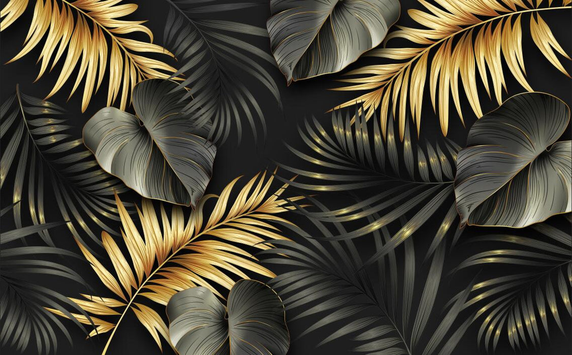 Leaf wallpaper mural, black and gold