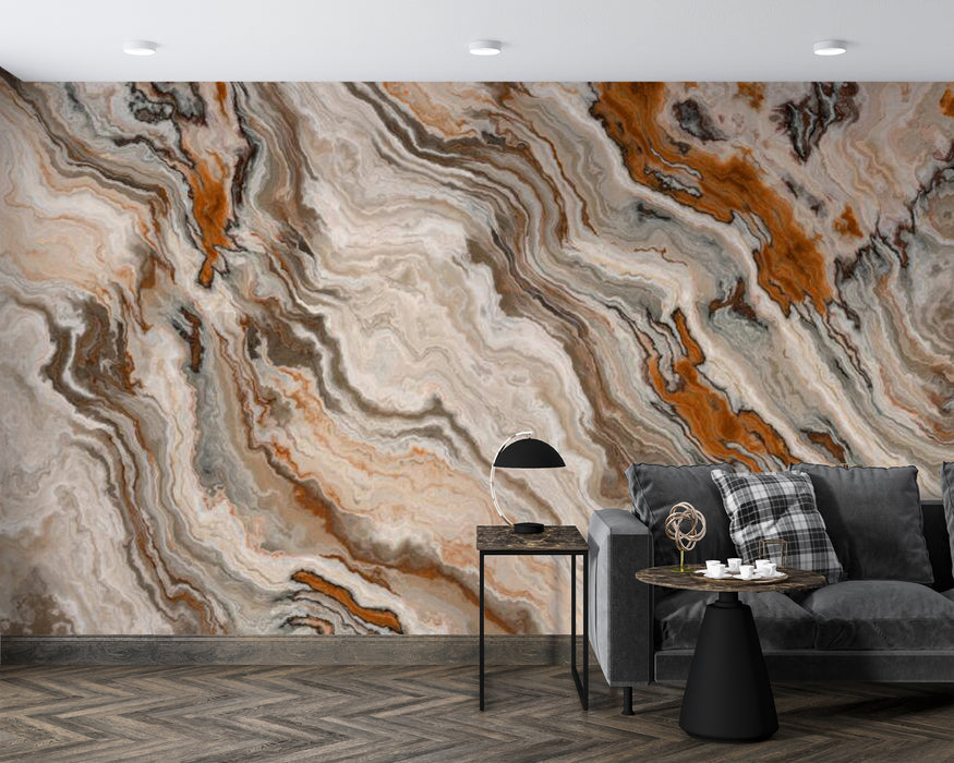 Marble grey and orange ripple pattern wallpaper mural