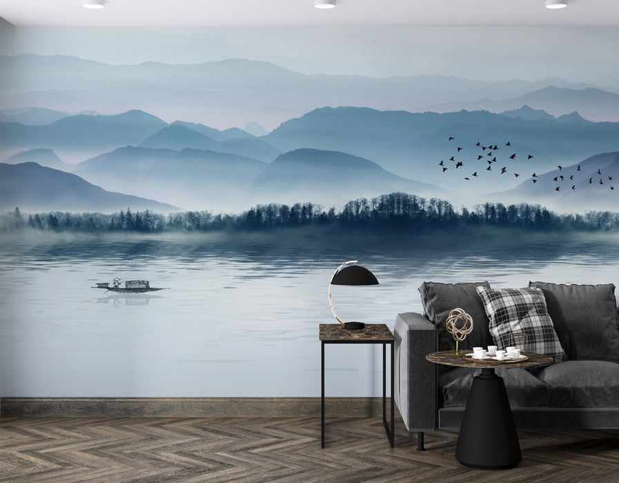 The elegant ink painting on the wallpaper depicts the misty and undulating distant mountains