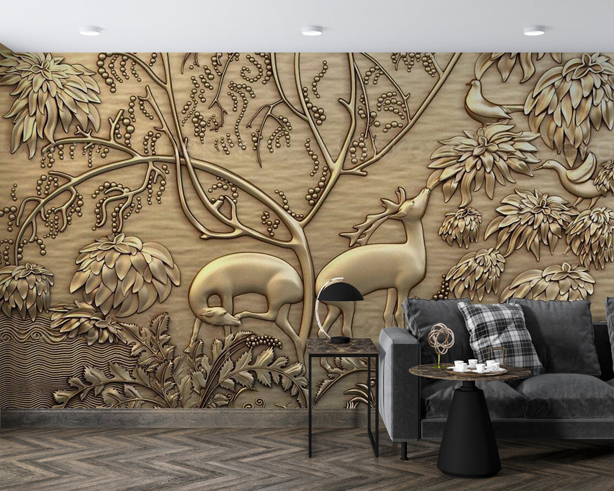 Wallpaper murals featuring trees, flowers, birds, and two deer