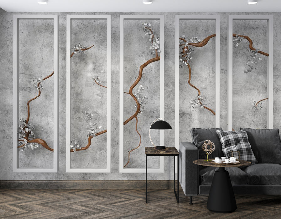 Cement texture, brown tree branches, wallpaper murals