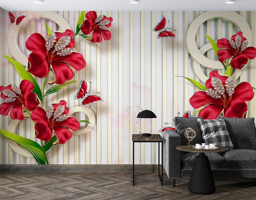 Wallpaper with vibrant red flowers