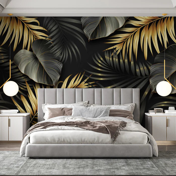 Leaf wallpaper mural, black and gold