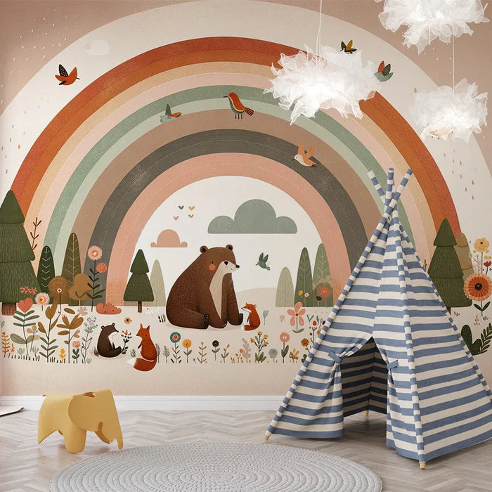 Childhood Fun Rainbow Fox Plants Birds Warm Wallpaper Mural