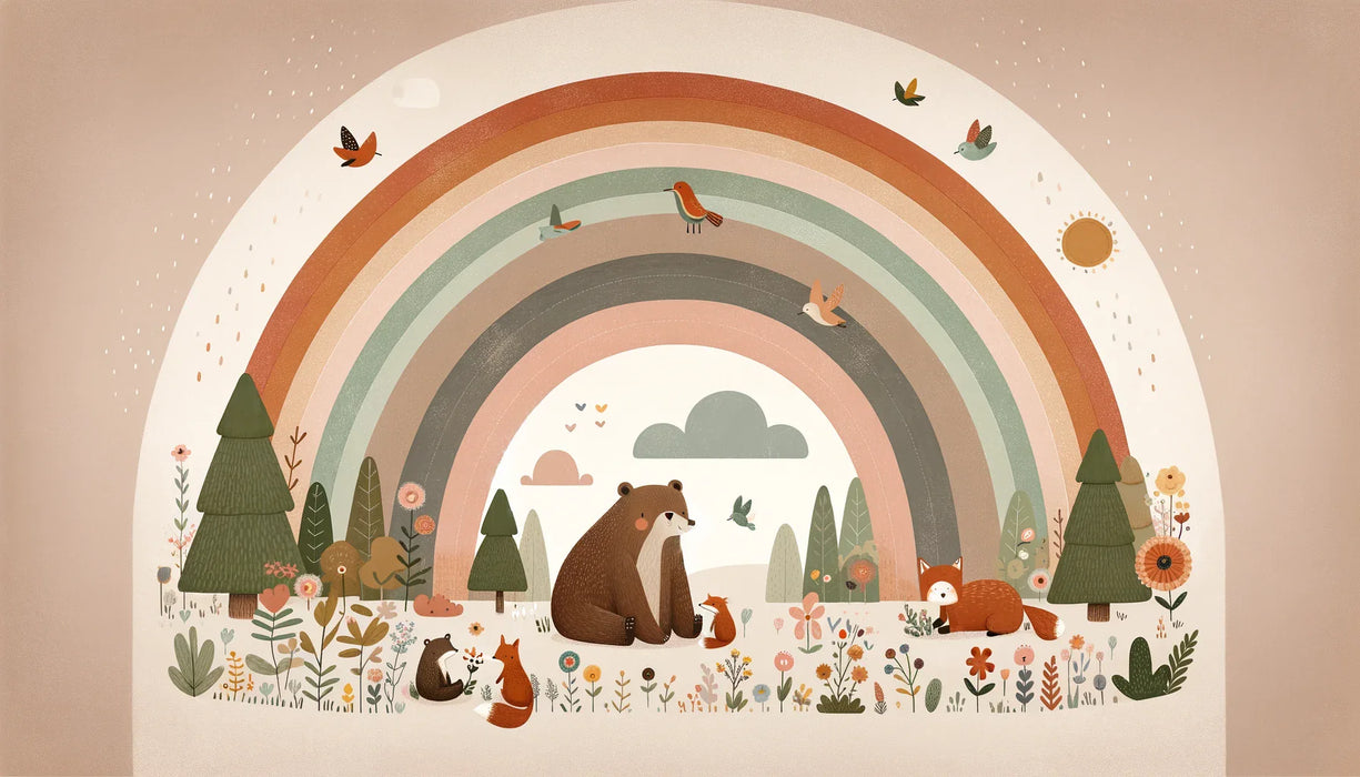 Childhood Fun Rainbow Fox Plants Birds Warm Wallpaper Mural