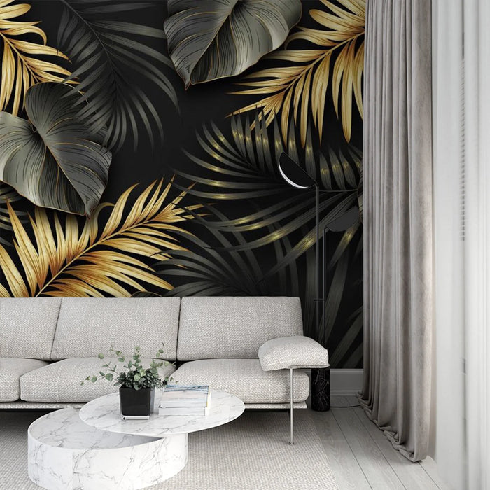 Leaf wallpaper mural, black and gold