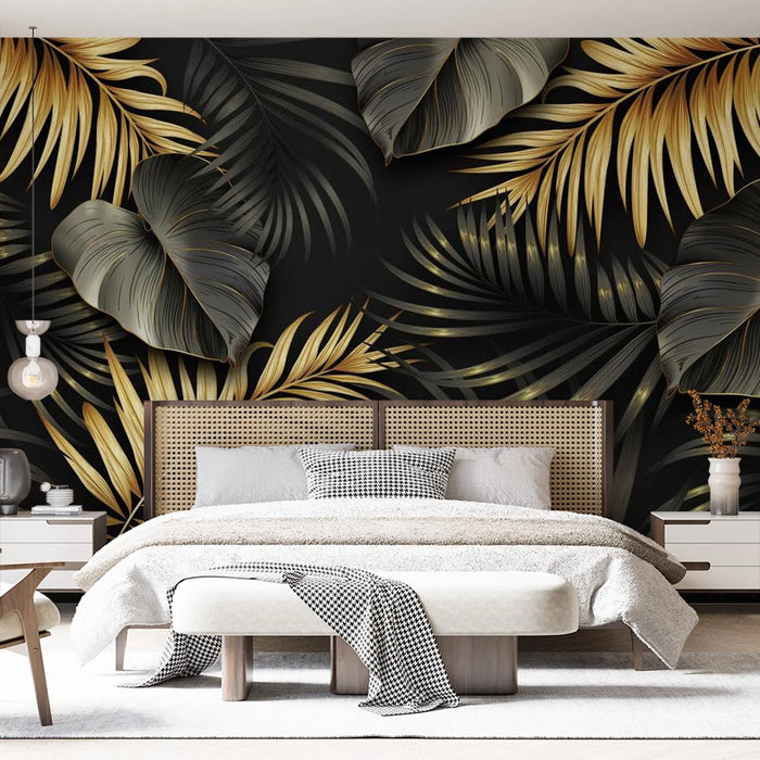 Leaf wallpaper mural, black and gold