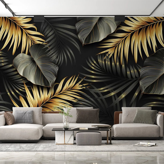 Leaf wallpaper mural, black and gold