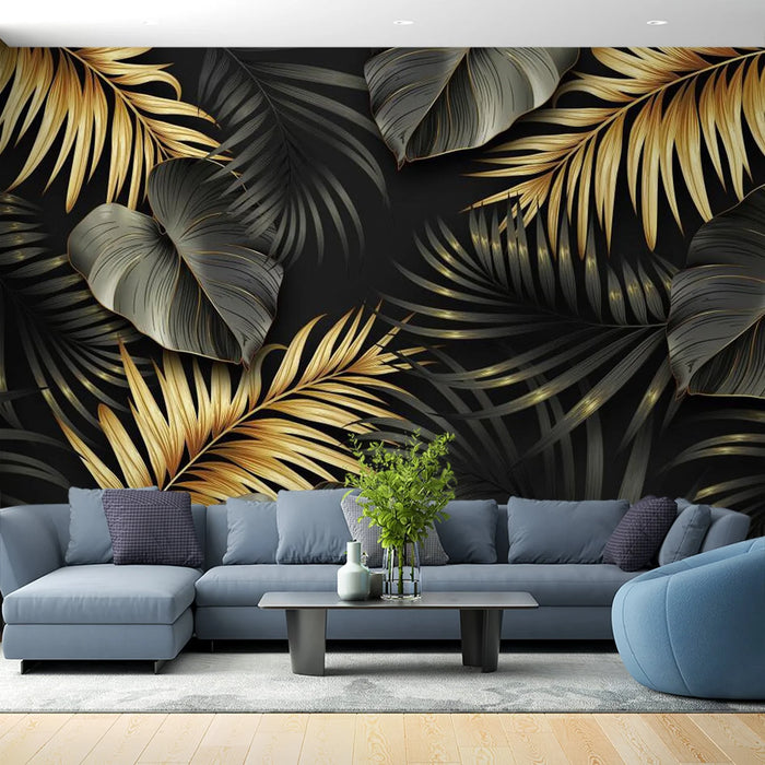 Leaf wallpaper mural, black and gold