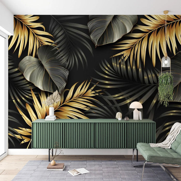 Leaf wallpaper mural, black and gold