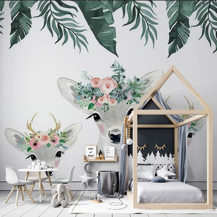 Wallpaper mural of three playful little deer with flower garlands on their heads