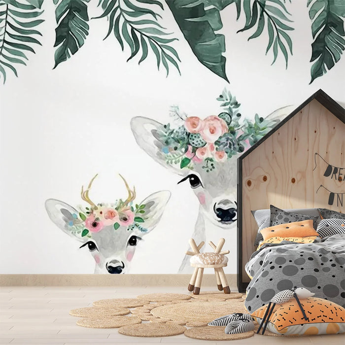 Wallpaper mural of three playful little deer with flower garlands on their heads