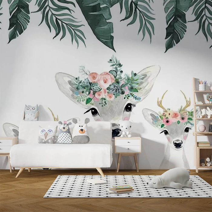 Wallpaper mural of three playful little deer with flower garlands on their heads