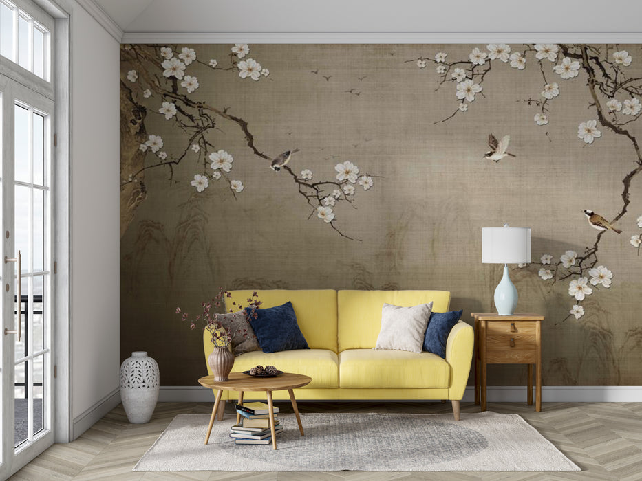 Blooming white flower branch bird wallpaper mural