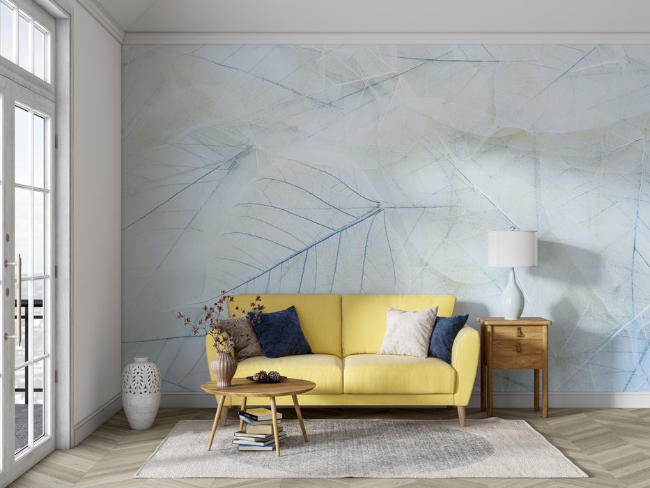 Light blue leaf wallpaper mural with clear leaf veins