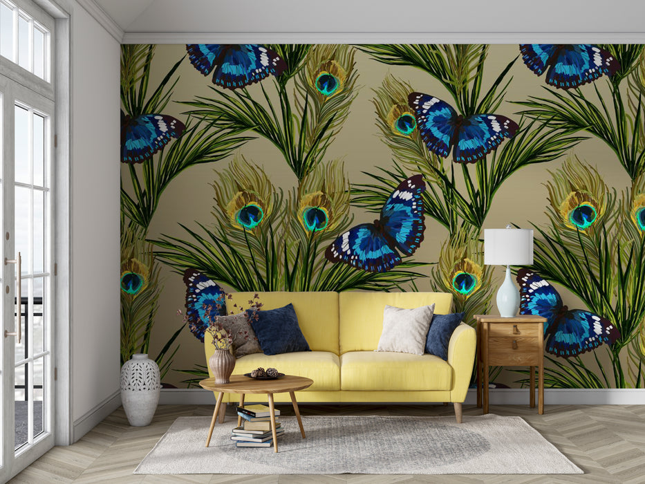 Blue black butterfly and green peacock feather wallpaper mural