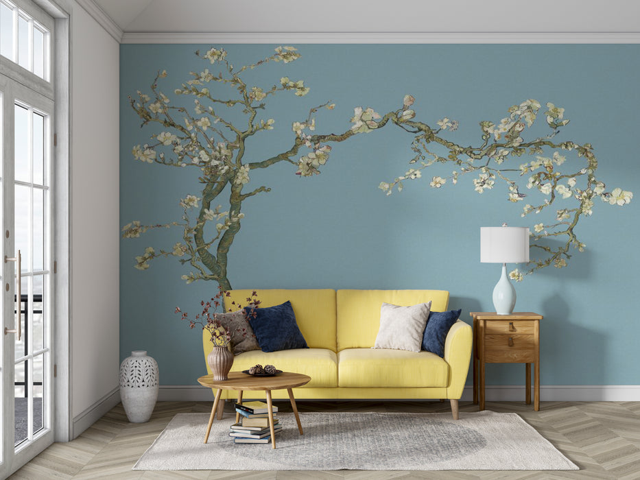 Light blue background, tree wallpaper mural full of flowers