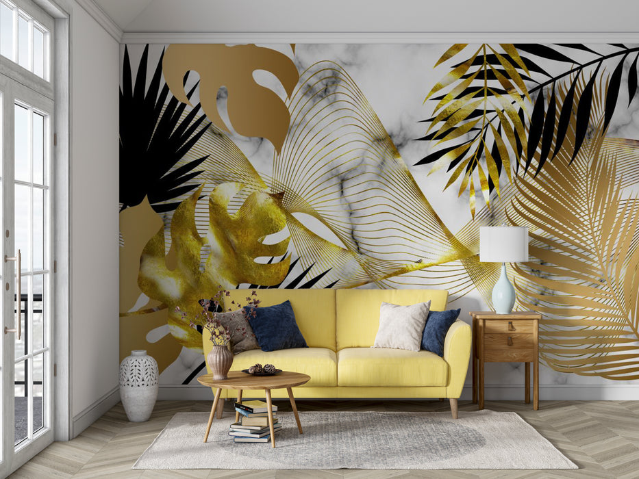 Marble gold and black leaf wallpaper mural