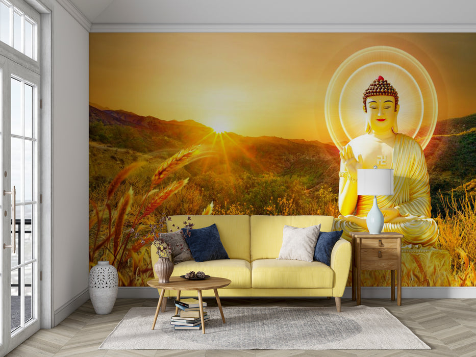 A golden Buddha statue wallpaper mural