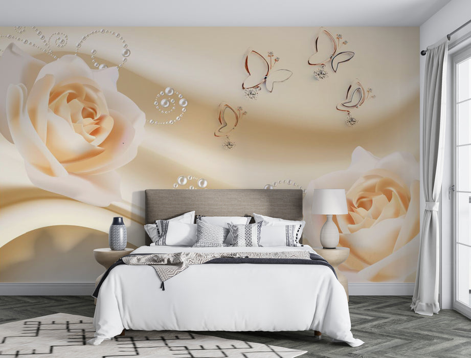 Wallpaper with two blooming cream colored roses