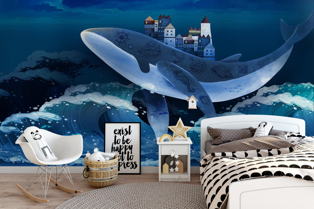 Wallpaper/Mural/Giant Whales Leaping Out of the Deep Blue Sea Surface