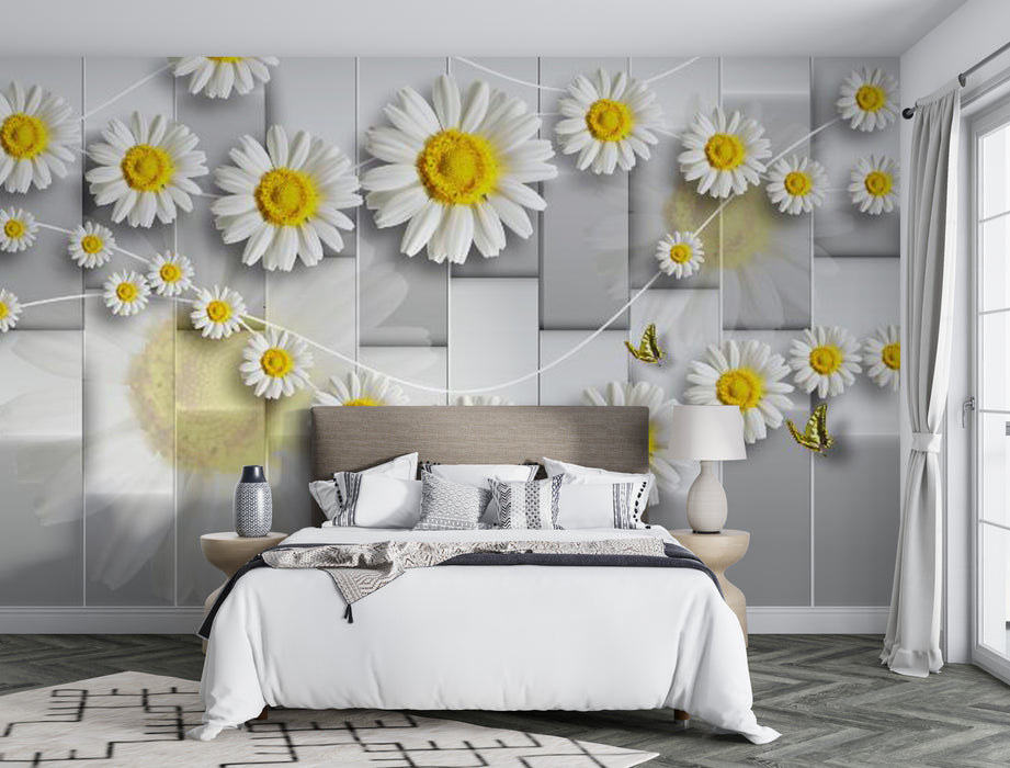 Clear white daisy flower mural wallpaper