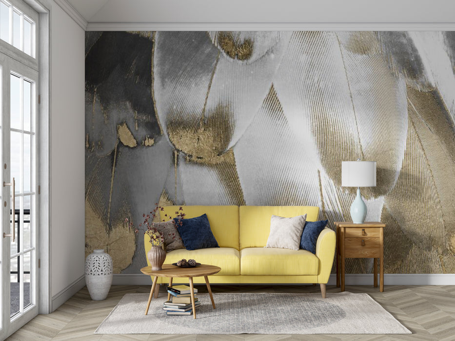 Golden gray feather wallpaper mural