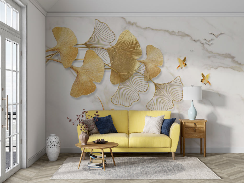 Ginkgo Leaves and Flying Birds Harmonious Wallpaper Mural