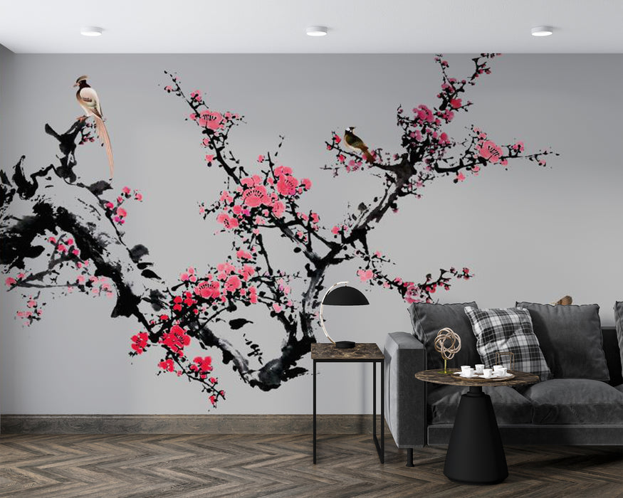 Blooming Plum Blossoms and Birds Wallpaper Mural