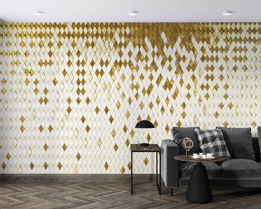 Golden diamond patterned wallpaper mural