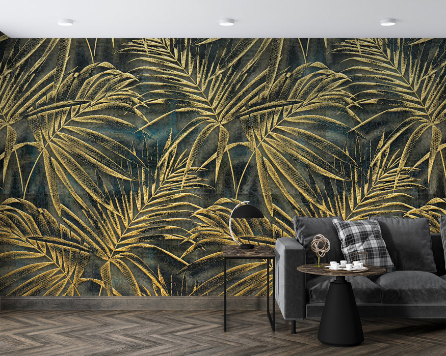 Wallpaper mural with golden palm leaf pattern