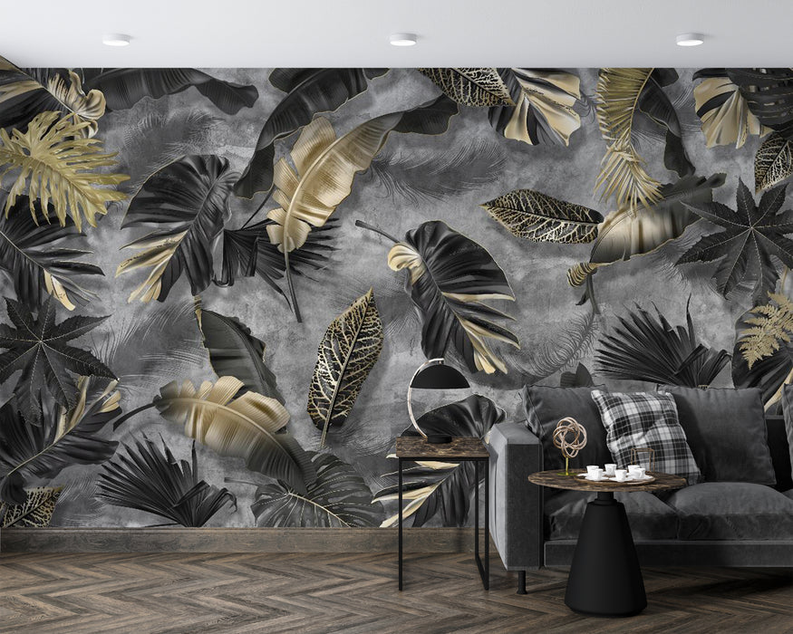 Wallpaper with golden striped tropical plant leaf pattern