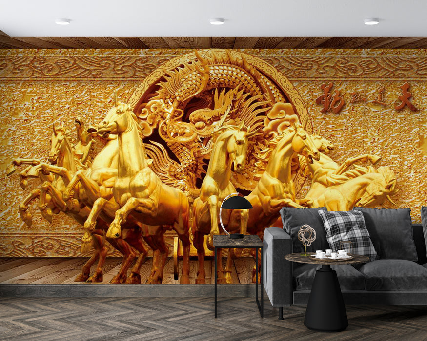 Luxurious wallpaper and spectacular golden sculpture of a galloping horse