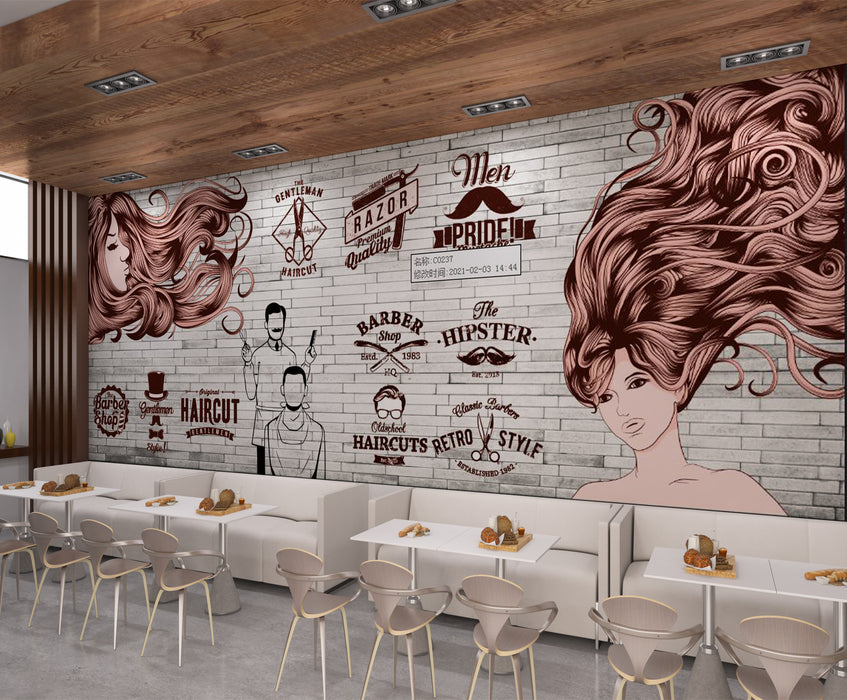 Brick wall hair cutting wallpaper mural