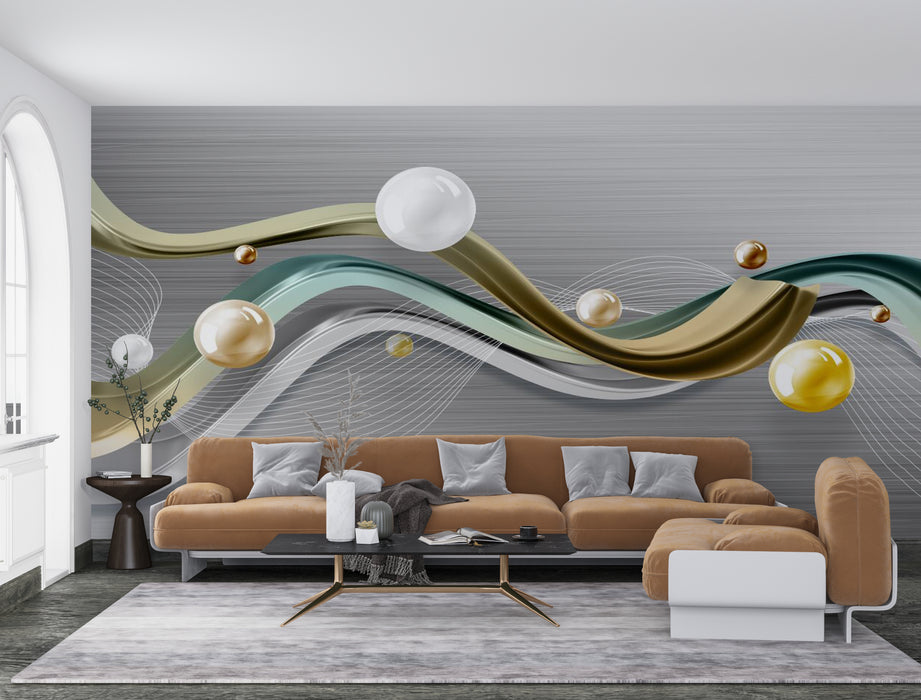 Wallpaper curves and circles form the design mural