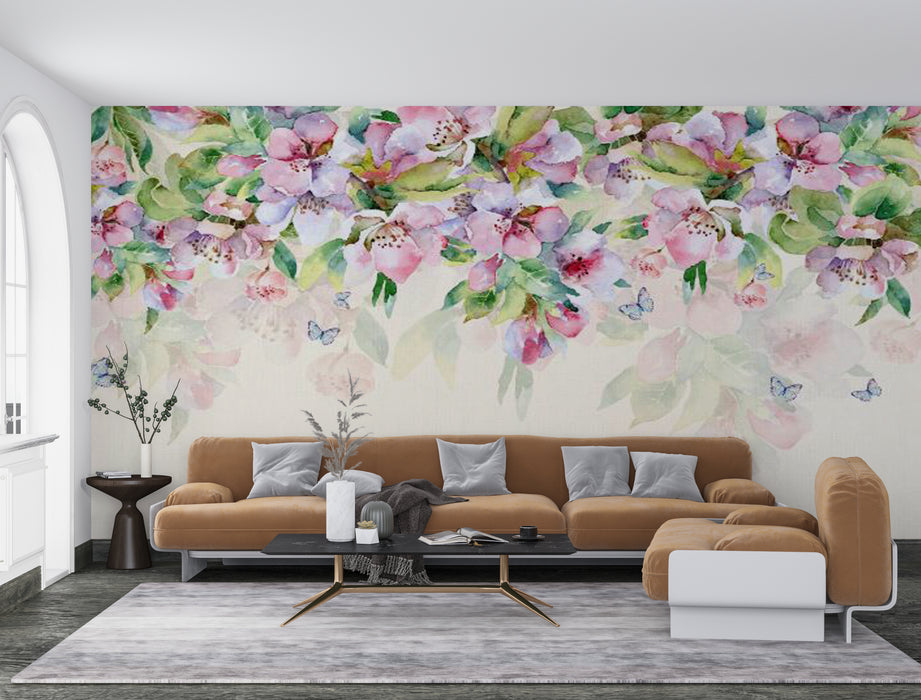 Wallpaper with pink flowers and emerald green leaves